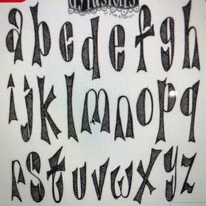 May include: A black and white alphabet font with a gothic style. The letters are stylized and have a decorative look. The font is uppercase and includes all letters of the alphabet.
