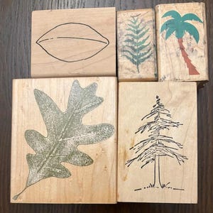 May include: A collection of six wooden stamps featuring nature-themed designs. The stamps include a leaf outline, a fern, a palm tree, an oak leaf, and a pine tree. The designs are in black and green ink.