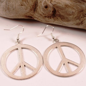 Large Peace Sign Silver Tone Earrings