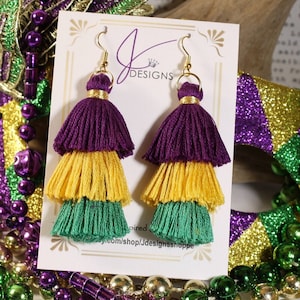 Happy Mardi Gras!! Mardi Gras stacked tassel earrings,purple, green and gold fringe handmade with metallic gold thread accents.