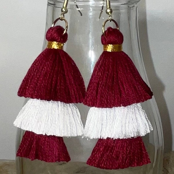 Maroon and White Aggie Gig Em Gameday 3-tiered stacked tassel earrings, fringe earrings, long tassel earrings, Mississippi State, teams
