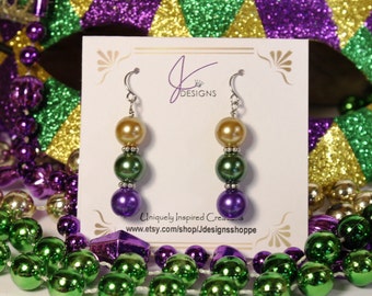 Mardi Gras pearl and silver dangle and drop earrings, purple, green and gold glass pearl beads, Mardi Gras jewelry, New Orleans jewelry