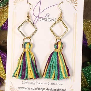 Mardi Gras tassel earrings, purple gold and green tassels with gold drop accent, Fat Tuesday jewelry, dangle and drop gold earrings,