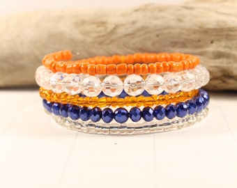 Houston Astros, Detroit Tigers, beaded bracelet memory wire 5 wrap stack, blue and orange colors, team bracelet, game day jewelry, stacked