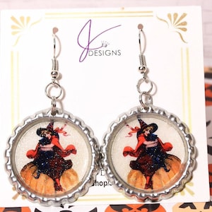 Vintage Halloween witch and black cat glitter and sparkle Halloween bottle cap earrings, Halloween earrings, witch and black cat earrings