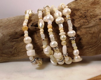 Freshwater Pearl 5-Strand Stretch Bracelet Set, Tibetan Silver Accents