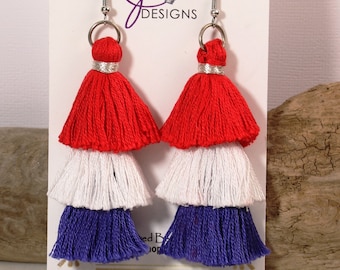 July 4th-3 tier tassel earrings, Red, White and Blue patriotic 3-tier tassel earrings in gold or silver, fringe earrings, patriotic jewelry