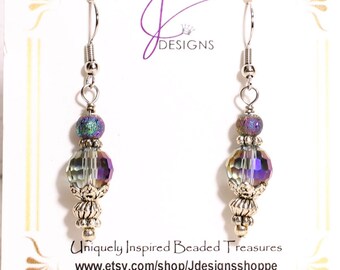 Irridescent crystal faceted silver drop Earrings, Silver and crystal earrings, dangle drop earrings, Victorian Jewelry, Wedding jewelry