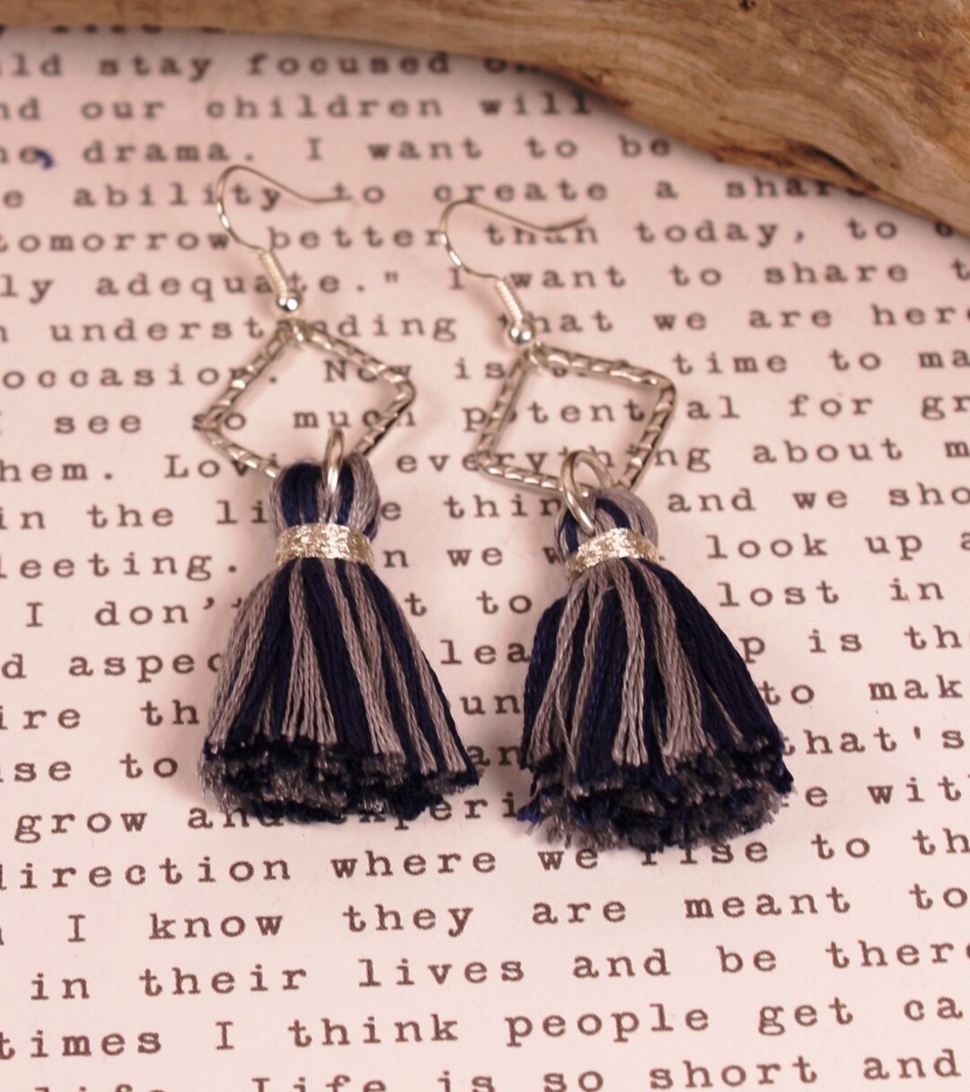 Dallas Cowboys Blue and Silver Tassel Earrings, Hammered Silver Dangle