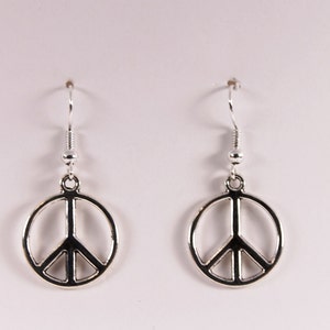 Peace sign earrings, silver peace sign earrings, dangle peace sign earrings, gift for her, silver earrings
