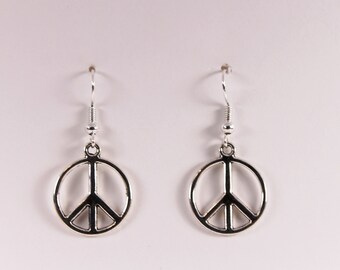 Silver Plated Peace Sign Dangle Earrings