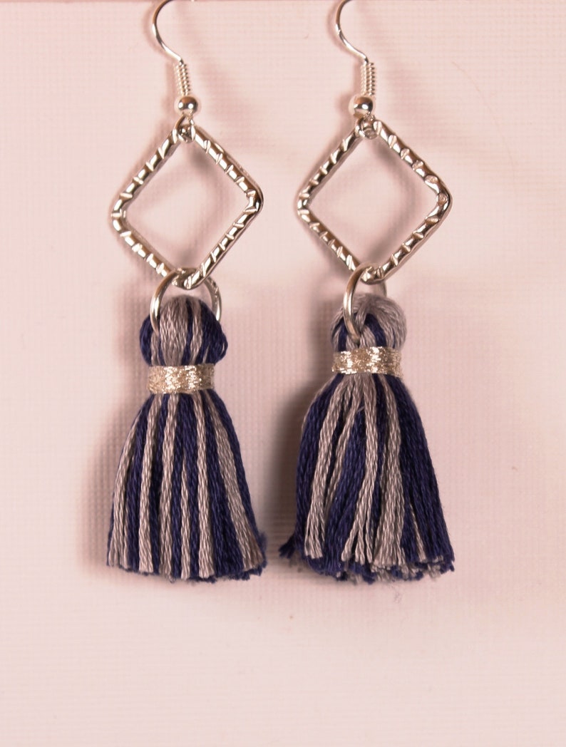 Dallas Cowboys Blue and Silver Tassel Earrings, Hammered Silver Dangle