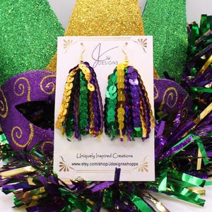 Mardi Gras Sequin dangle tassel earrings, purple, green and gold sequin tassel earrings, tassel earrings, Mardi Gras jewelry, dangle earring
