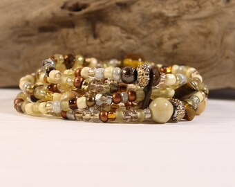 Sandstone Beaded Wrap Bracelet Necklace, Optional Tassel