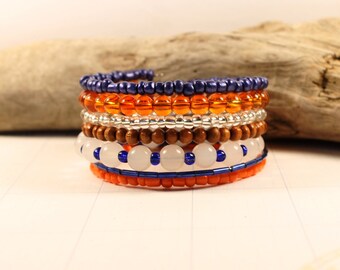 Houston Astros, Detroit Tigers beaded bracelet memory wire 7 wrap stack, blue and orange colors, team bracelet