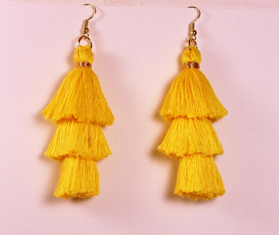 Yellow Tassel Earrings, Threetier Stacked Tassel Earrings, Long Tassel