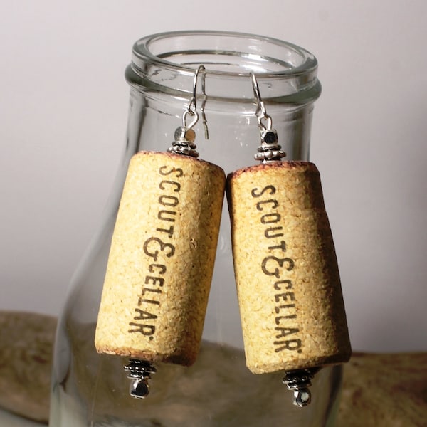 Wine cork earrings, Scout & Cellar recycled wine cork earrings with silver, drop earrings, silver and wine cork earrings