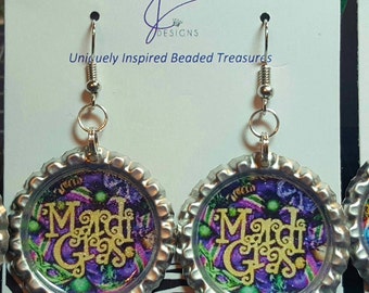 Mardi Gras Bottle Cap Earrings: Purple, Gold Sparkle