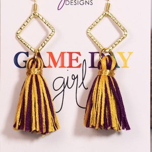 LSU Tigers and Ball High Tors purple and gold Mini Tassel Earrings, gold hammered dangle with purple and gold mix tassel, game day earrings