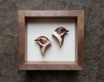 Miniature Reed Bunting Portrait - Framed wooden male and female Reed Bunting portraits
