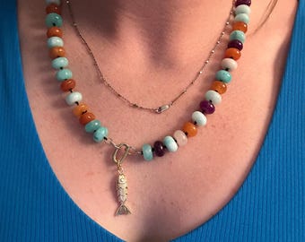 Knotted multicolored rondelle beaded necklace