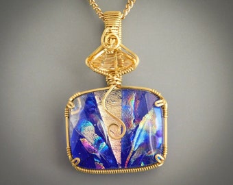 Layered Dimensional Square Dichroic Fused Glass Cabochon Topped with Marquise Cut Faceted Citrine CZ and Wire Wrap Set in Yellow Bronze