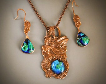 One of a Kind Fairy tale Sculpted Copper and Dichroic Fused Glass "Fairy Pool" Necklace and Earrings Set