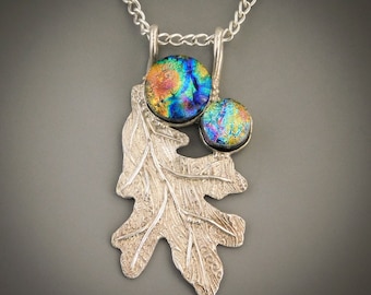 Oak Leaf Shaped Sculpted .960 Sterling Silver with Smooth Veins and 5 Layer Dichroic Kiln Fused Glass Cabochon Pendant with Loop Bails