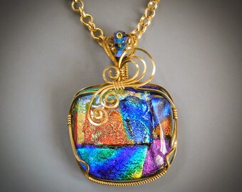 Layered Dimensional Wide Squared Oval Dichroic Fused Glass Cabochon Wire Wrap Set in Yellow Bronze with Swarovski Crystals