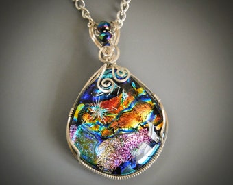 Layered Dimensional Multi-Colored and Patterned Dichroic Fused Glass Cabochon Wire Wrap Set in Sterling Silver with Czech Crystals in Bail