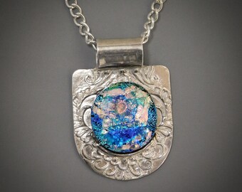 Art Nouveau Textured and Sculpted .960 Sterling Silver and 5 Layer Dichroic Kiln Fused Glass Cabochon Pendant with Tubular Bail