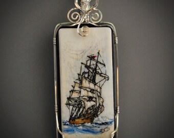 Antique Piano Key Scrimshaw Engraved with Original Illustration of a Sailing Ship Set in Sterling Silver with Iridescent Crystals in Bail