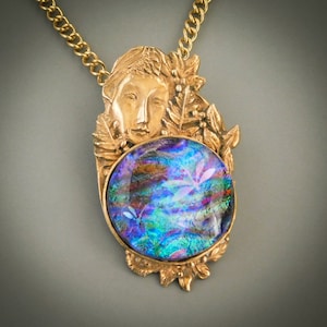 Sculpted Yellow Bronze Fairy Face Overlooking a Layered Dichroic Fused Glass &quot;Pond&quot; Cabochon with Dragonflies on Surface, Hidden Bail