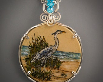 Blue Heron on a Beach Illustration Scrimshaw Engraved on Antique Meerschaum Riverboat Poker Chip Set in Sculpted Sterling Silver