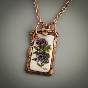 Scrimshaw Engraved Purple Trumpeter Blossom Illustration Set in Sculpted Copper with Double Loop Bail