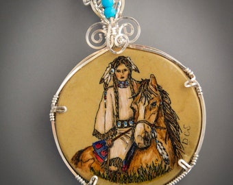 American Indian Maiden on Horse Illustration Scrimshaw Engraved on Antique Meerschaum Riverboat Poker Chip Set in Sculpted Bronze