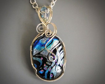 Layered Dimensional Oval Dichroic Fused Glass Cabochon Wire Wrap Set in Sterling Silver with Swarovski Crystals
