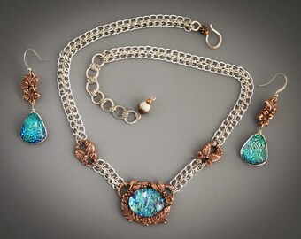 Titled "Garden Pool" One of a Kind Copper, Silver and Dichroic Fused Glass Necklace and Earring Set