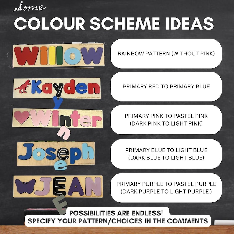 May include: A chalkboard with the text "Some Colour Scheme Ideas" and five examples of names spelled out in wooden letters with different color schemes. The color schemes are: rainbow pattern (without pink), primary red to primary blue, primary pink to pastel pink (dark pink to light pink), primary blue to light blue (dark blue to light blue), and primary purple to pastel purple (dark purple to light purple).