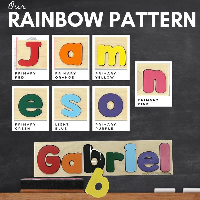 May include: A wooden puzzle with the name "Gabriel" spelled out in colorful letters. The letters are arranged in a rainbow pattern, with each letter corresponding to a different primary color. The letters are red, orange, yellow, green, blue, purple, and pink.