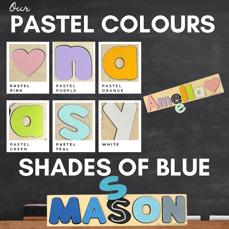 May include: A set of wooden puzzle pieces in pastel colors, spelling out the name "Amelia" with a pink heart. The puzzle pieces are arranged in a grid, with each piece labeled with its corresponding color: pastel pink, pastel purple, pastel orange, pastel green, pastel teal, and white. Below the grid, the text "SHADES OF BLUE" is written in black. Another set of wooden puzzle pieces in shades of blue, spelling out the name "MASON", is shown below the text.