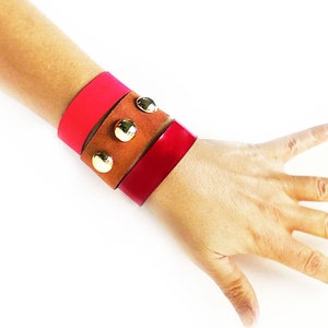 Red leather cuff bracelet women