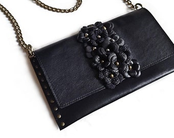 Black leather clutch purse or small leather purse