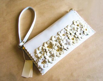 White clutch purse, leather floral clutches, wedding clutch bride