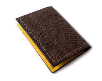 Brown yellow slim wallet women, business card holder or leather card wallet