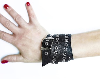 Black leather wrap bracelet or wide leather cuff with eyelets, studded cuff, punk rock bracelet