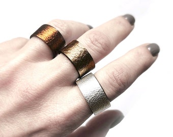 Metallic leather ring, minimalist band ring or cool rings for men and women, avant garde jewelry
