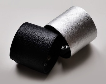 Leather bracelet women, silver leather wristband or black leather cuff bracelet, leather armband