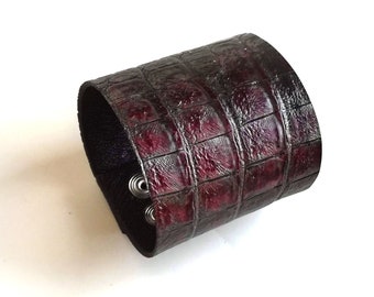 Burgundy leather cuff bracelets for women, Alligator leather bracelet, embossed crocodile leather cuff