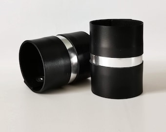 Wide black and silver leather cuff bracelets for women